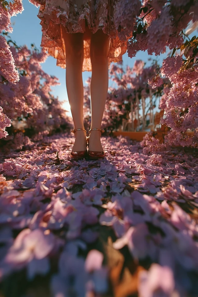 Walking Through Lilac Petals: A Low Angle View
