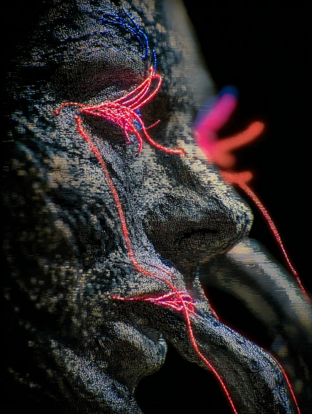 Surreal Face Portrait Neon Tendrils Glitchcore