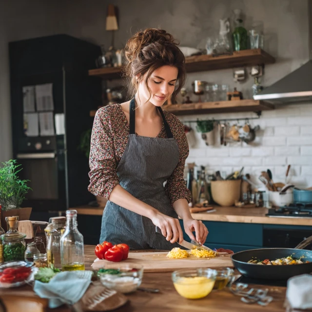 Mom Cooking in Kitchen Apron
