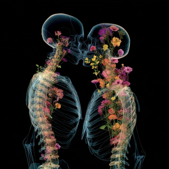 X-Ray Kiss with Flowers: Surreal Anatomy Art