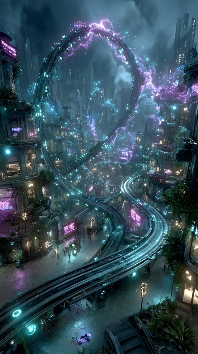 Cyberpunk Racetrack Above a Neon City Skyline