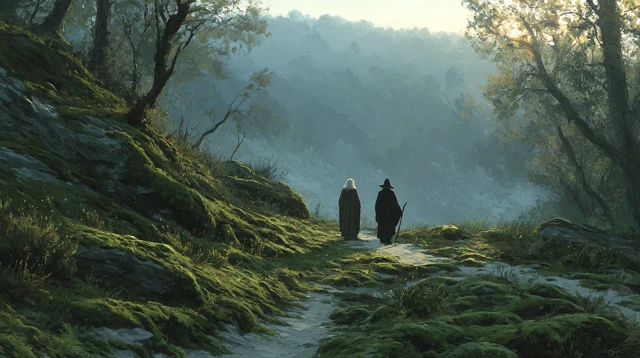 Gandalf and Frodo Hiking Through a Misty Landscape