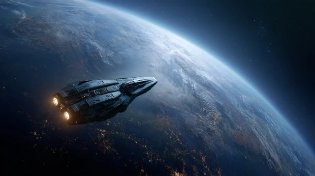 Spaceship Orbiting Planet Cinematic Space Art
