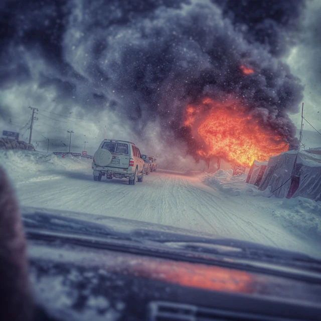 Burning Car Antarctica Dramatic Highway Scene