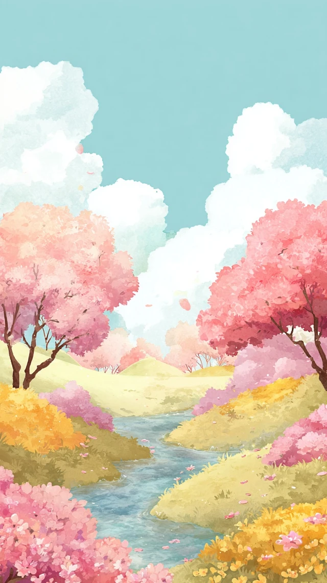 Spring Landscape Watercolor Cherry Blossoms