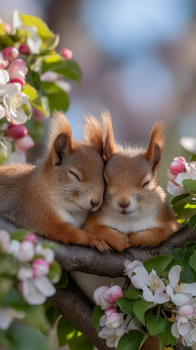 Adorable Squirrels Sleeping in Blossoms