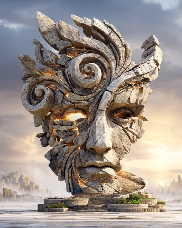 Stone Sculpture Head with Spiraling Curls and Sunset Glow