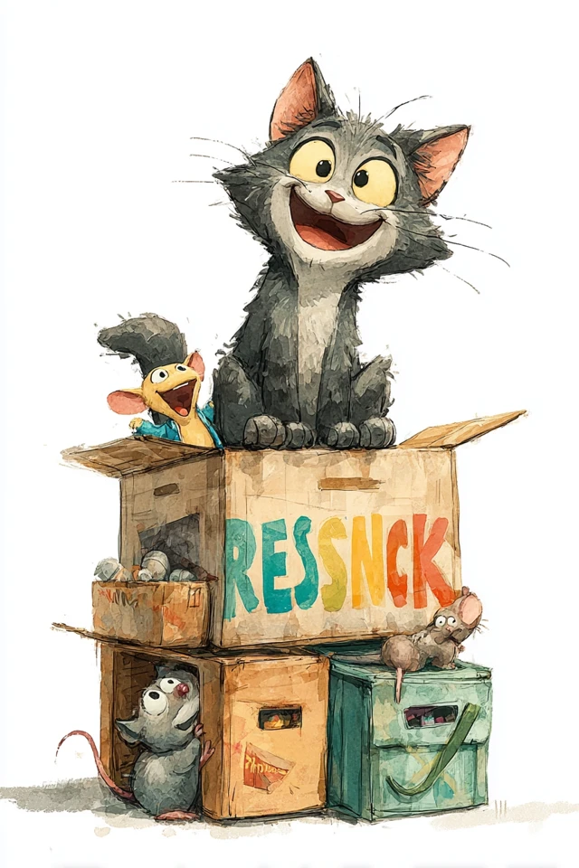 Happy Cat and Mouse Cartoon Illustration