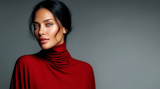 Beautiful Woman in Red Turtleneck Dress Studio Portrait