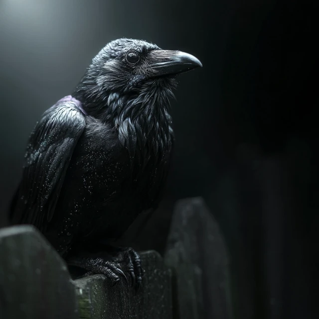 Black Crow Perched on Fence in Dark Scene