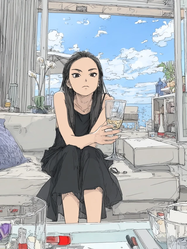 Chinese Girl in Black Dress Holding Glass in Villa