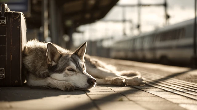 Lonely Husky at Train Station Stock Photo