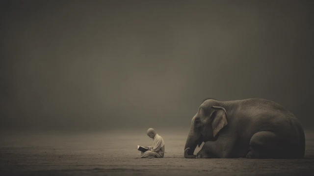 Monk and Elephant Reading: Zen Desert Scene