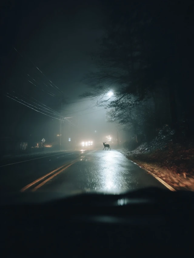 Night Road Scene Deer Crossing Windshield View