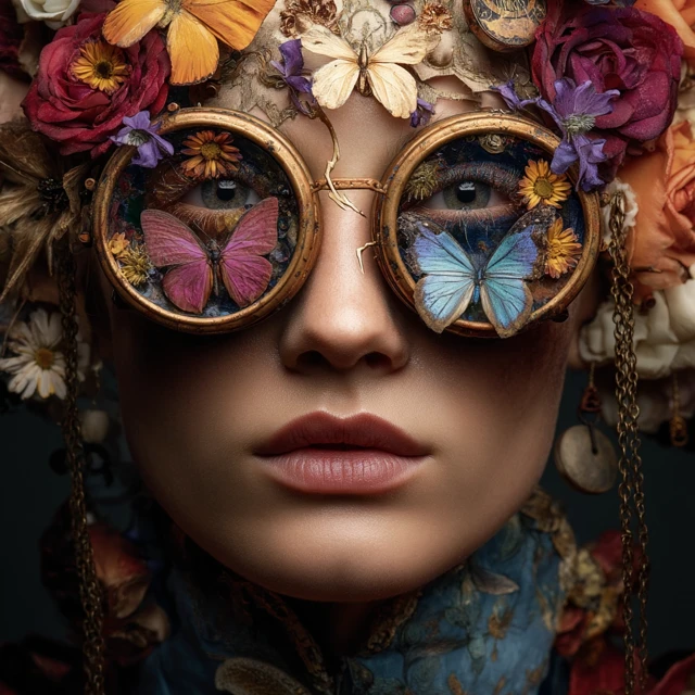 Steampunk Woman with Butterflies and Flowers
