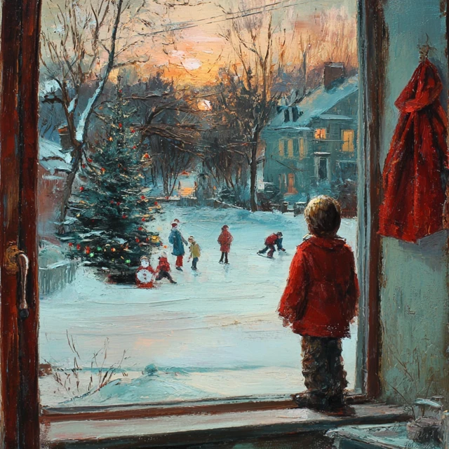 Christmas Scene Child Looking Out Window