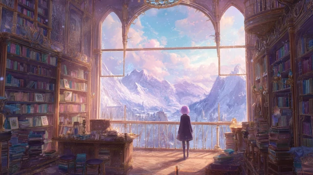 Anime Girl in Steampunk Library Mountain View