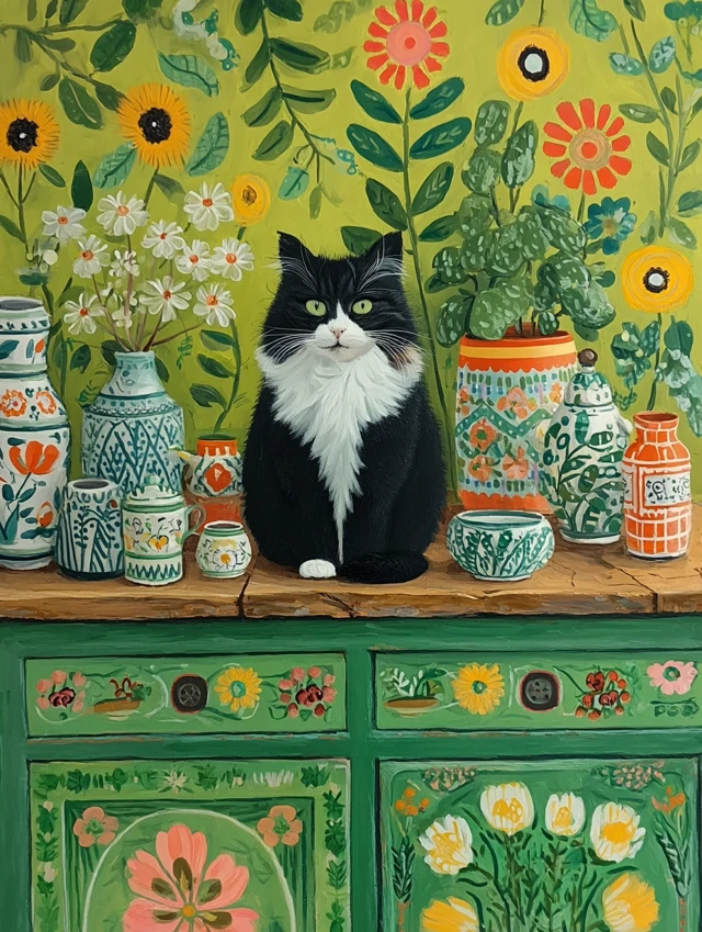 Folk Art Still Life: Cat, Flowers and Ceramics