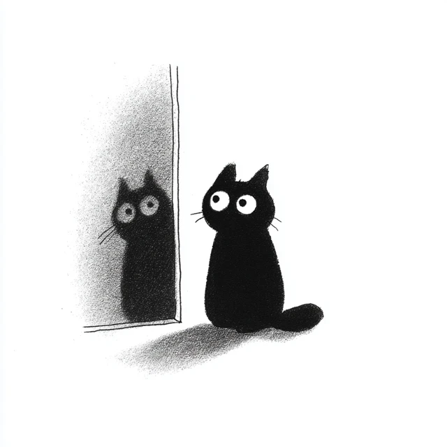 Black Cat in Mirror Minimalist Cartoon Illustration