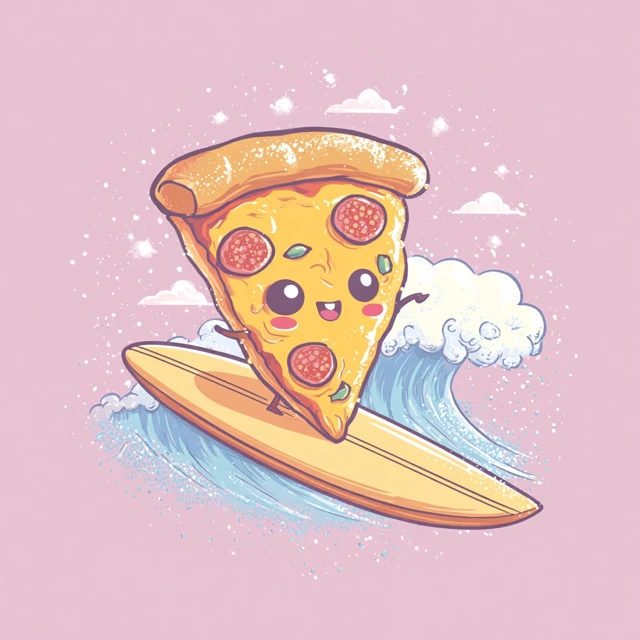 Cute Pizza Surfing Cartoon Illustration