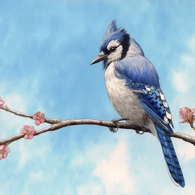 Blue Jay on Branch Spring Day Watercolor