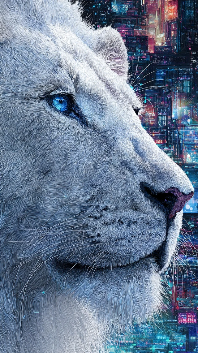 Cyberpunk Lion with Blue Eyes Fantasy Art