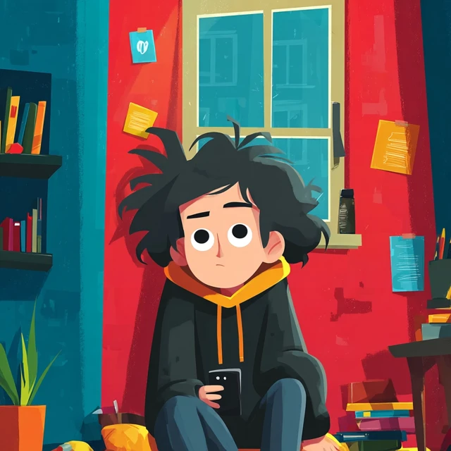 Anime Illustration Teenager Looking at Smartphone