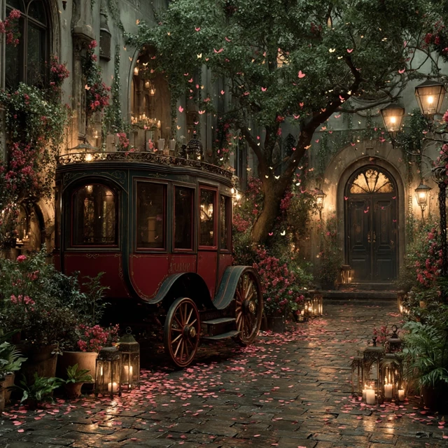 Elegant Carriage in Courtyard Romantic Scene