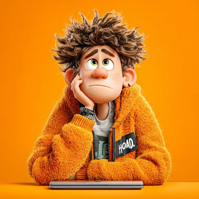 Bored Character with Computer in 3D Style