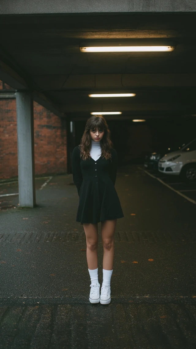Girl in black dress and white sneakers in an urban setting