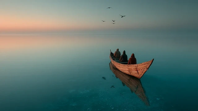Lone Canoe Drifting at Sea Peaceful Landscape