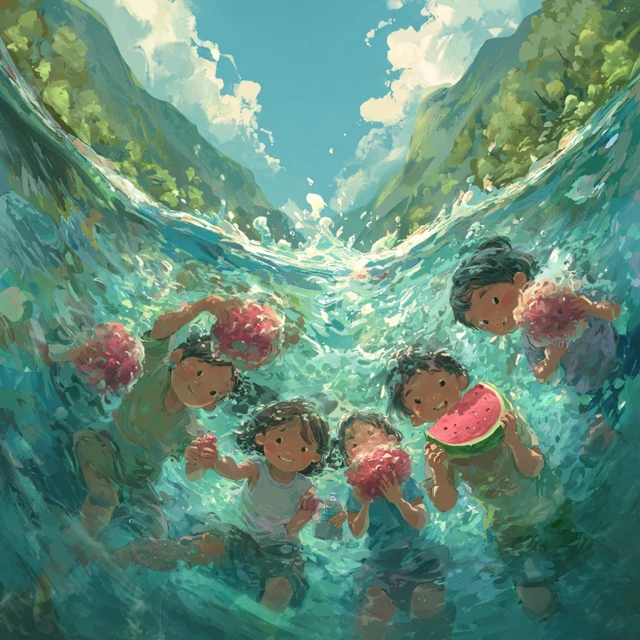Children Underwater Eating Watermelon and Ice Cream