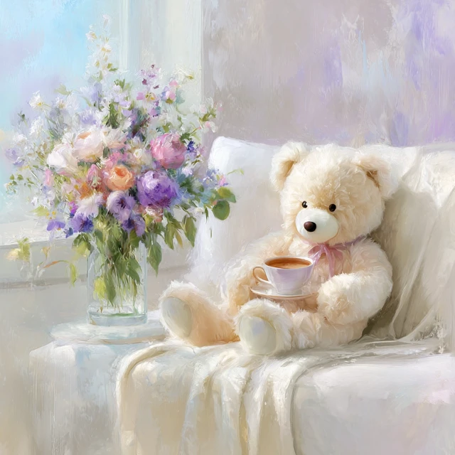 Teddy Bear with Coffee and Flowers Painting