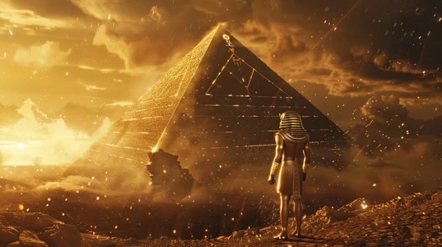 Lone Pharaoh Before Pyramid at Dusk Epic Scene