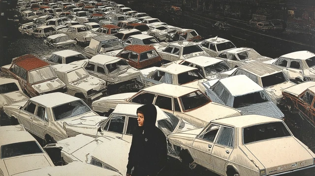 Post Apocalyptic Scene Man in Hood Crashed Cars