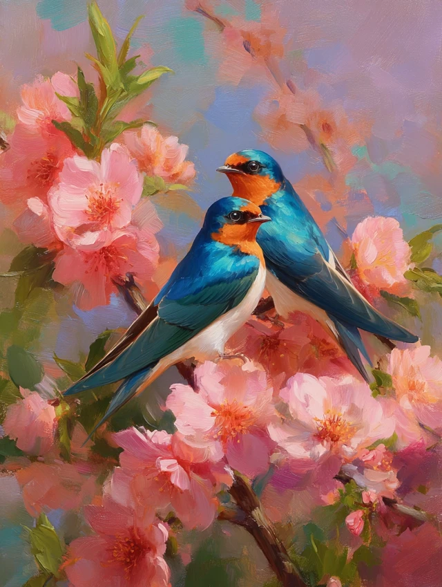 Romantic Bird Painting Swallows on Blossoms