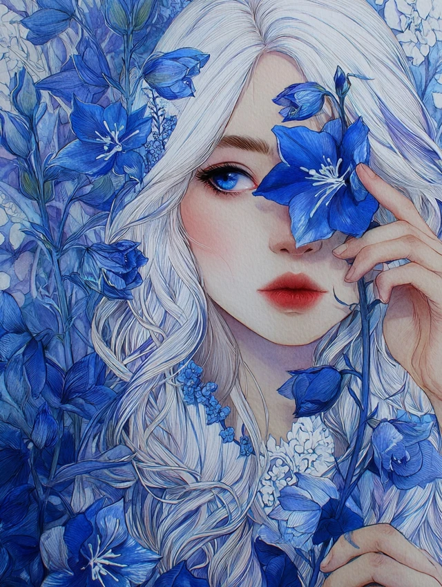 White Haired Girl Delphinium Watercolor Painting