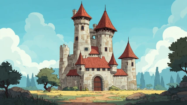Cartoon Medieval Castle Landscape Outdoors Front View