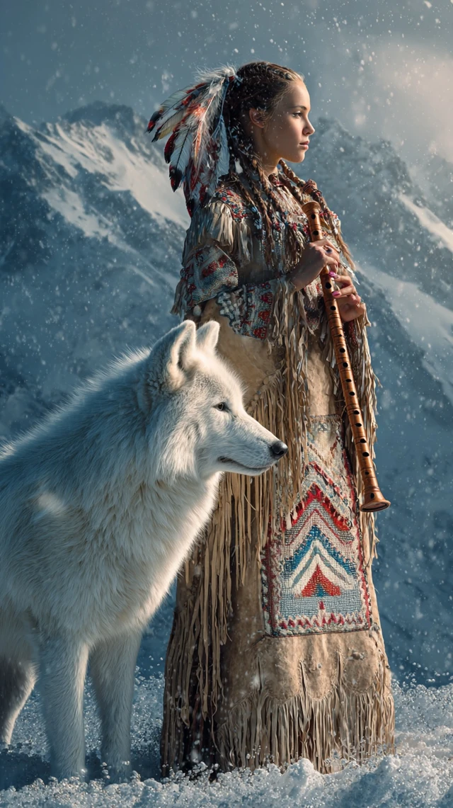Native American Woman Wolf Snowy Mountains Flute