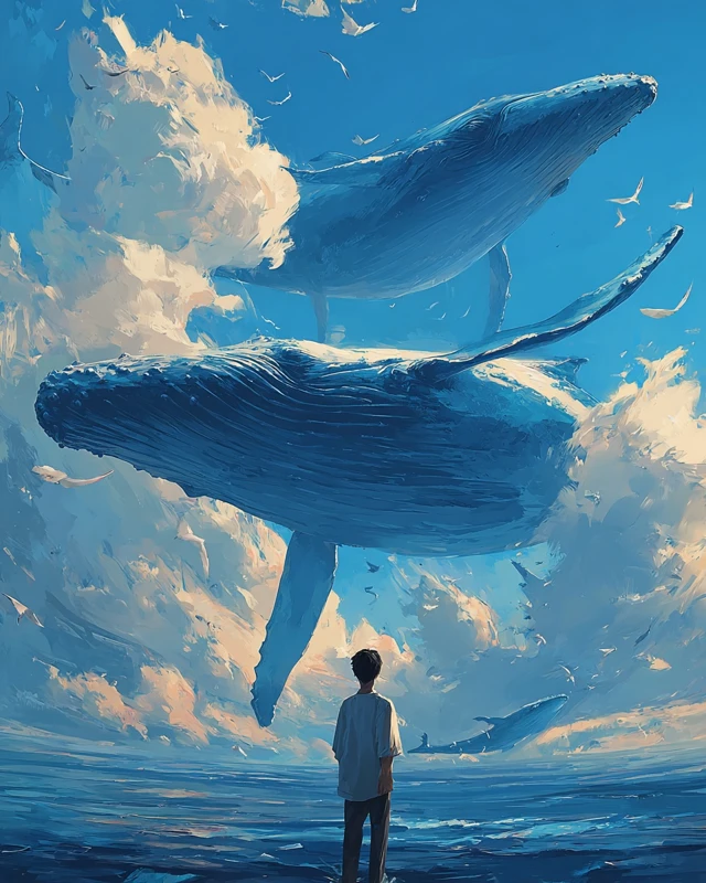 Whales in the Sky Dreamlike Anime Artwork