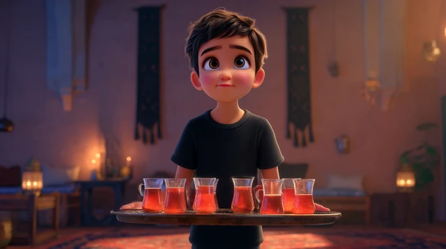 Boy with Tea in Mosque at Night