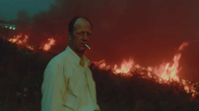 Middle Aged Man Smoking Amidst Flames