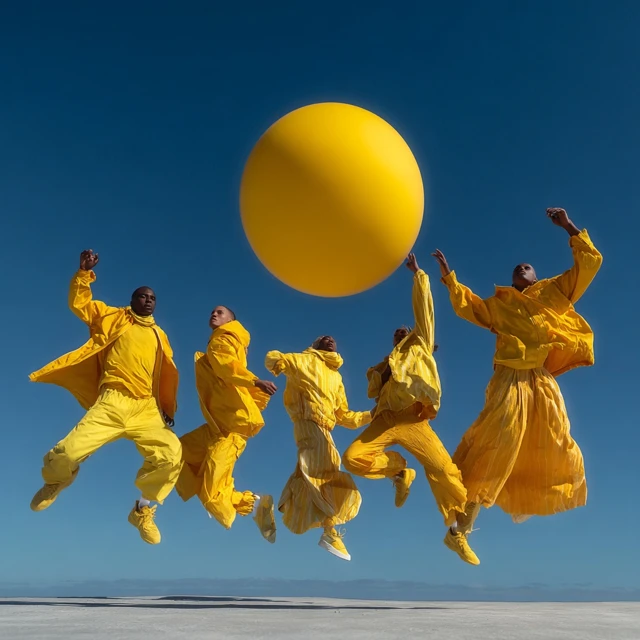 Models in Yellow Leap against Blue Sky Editorial Fashion