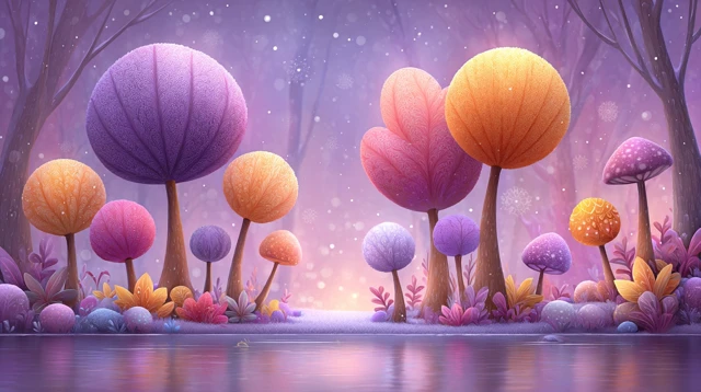 Whimsical Fantasy Landscape with Colorful Trees and Lake