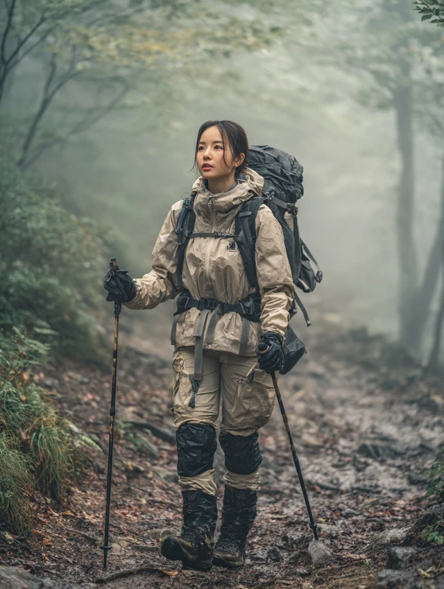 Korean Hiker in Misty Summer Mountain Hike