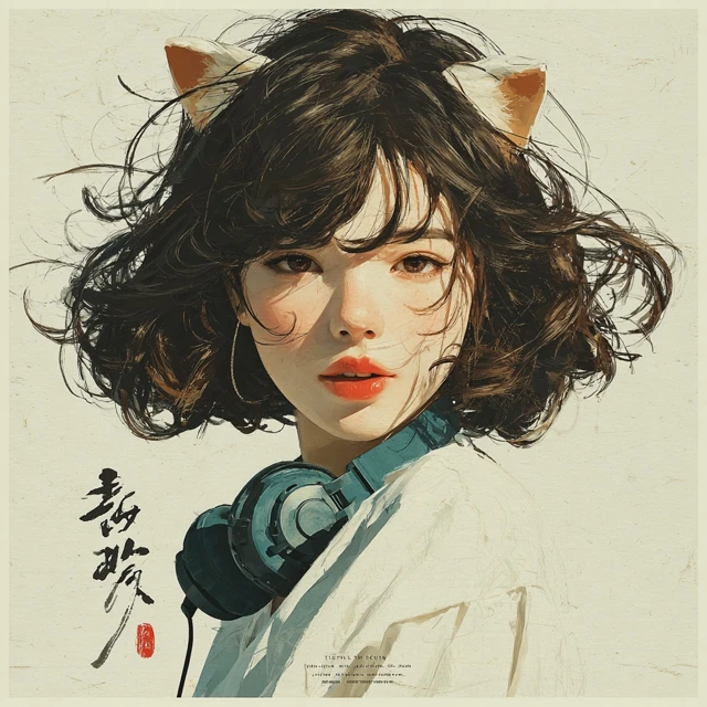 Cute Girl with Cat Ears Portrait Illustration