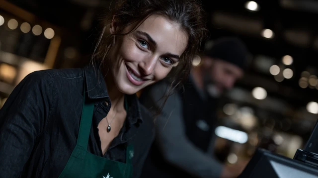 Radiant Barista Serving Coffee Shop Customer
