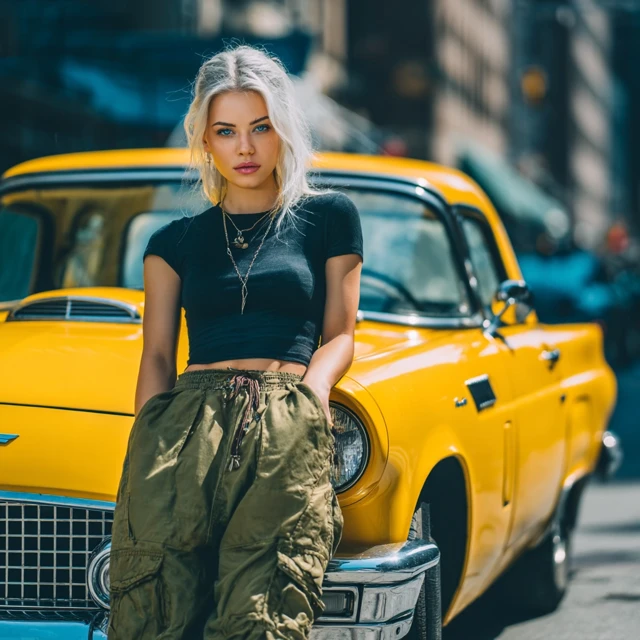Fashion Shot Russian Model Manhattan Yellow Car