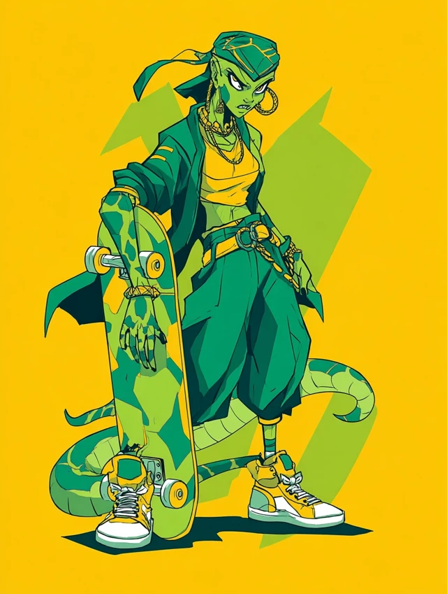 Snake Woman Skater Illustration Vibrant Colors