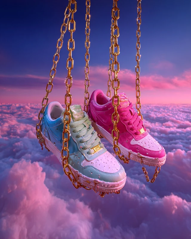 Sneakers Hanging Above Earth Pink and Blue Colors